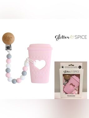 🆕GLITTER & SPICE - NWT - PINK COFFEE SILICONE TEETHER / PACIFIER CLIP